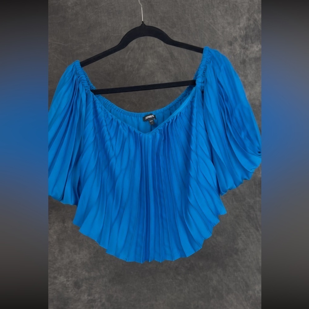 Express Off-the-Shoulder Accordion Pleated Crop Blouse / Light Blue / S